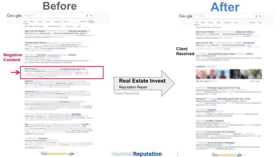 Online Reputation Management Real Before-and-After Screenshots, Reputation Management: Real Estate Invest New York