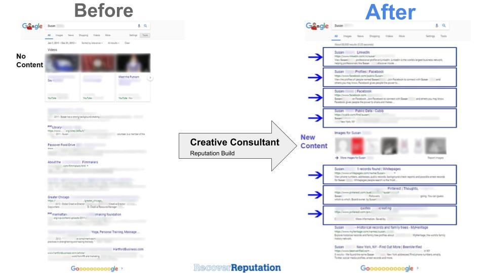 Online Reputation Management Real Before-and-After Screenshots, Reputation Management: Creative Consultant