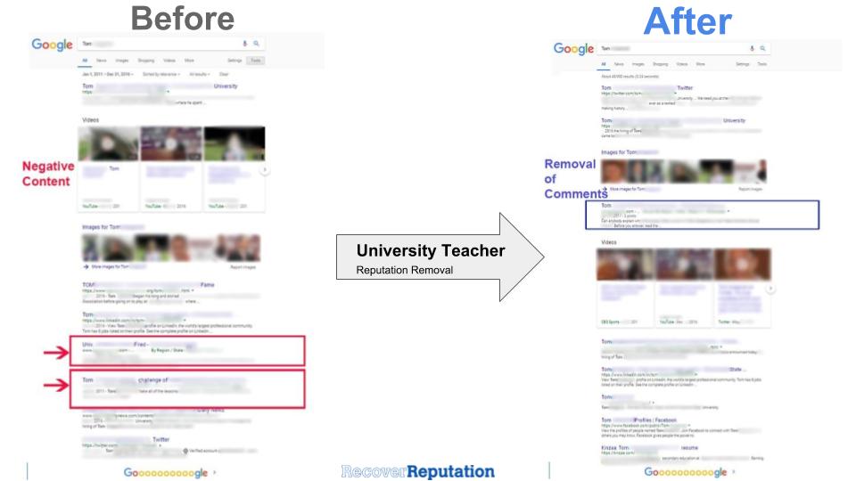 Online Reputation Management Real Before-and-After Screenshots, Reputation Management: University Teacher Professor