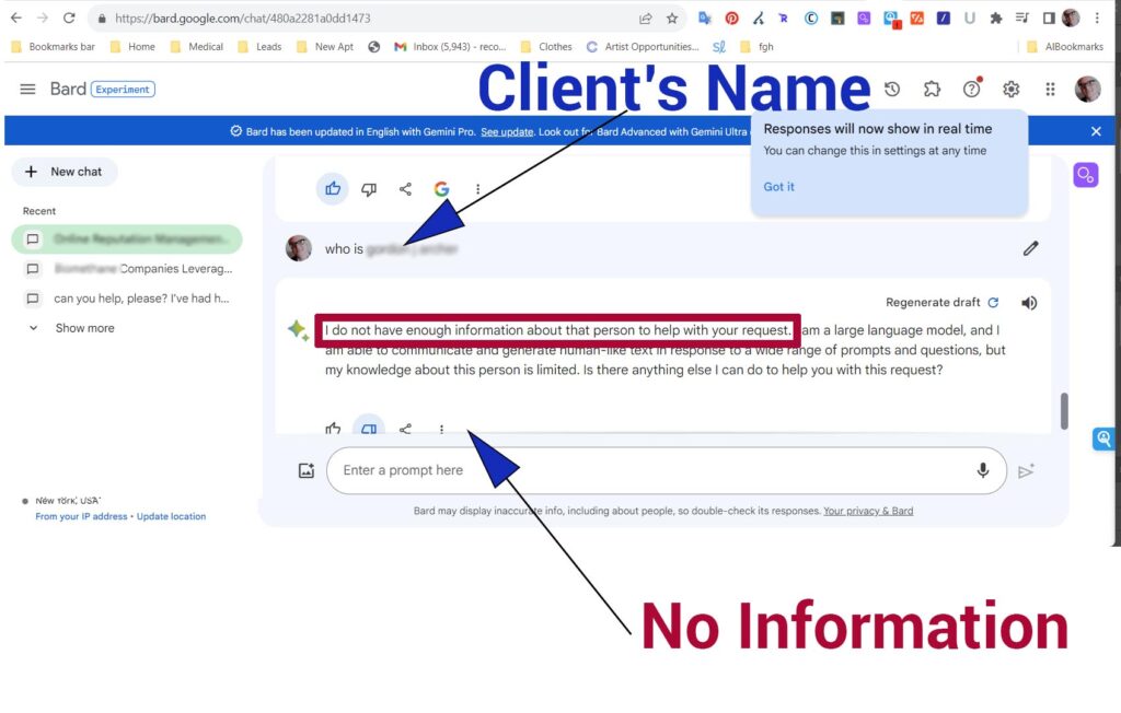 AI Reputation Management: Real Bard Screenshot Before, Recover Reputation, with arrows showing no information and client's name