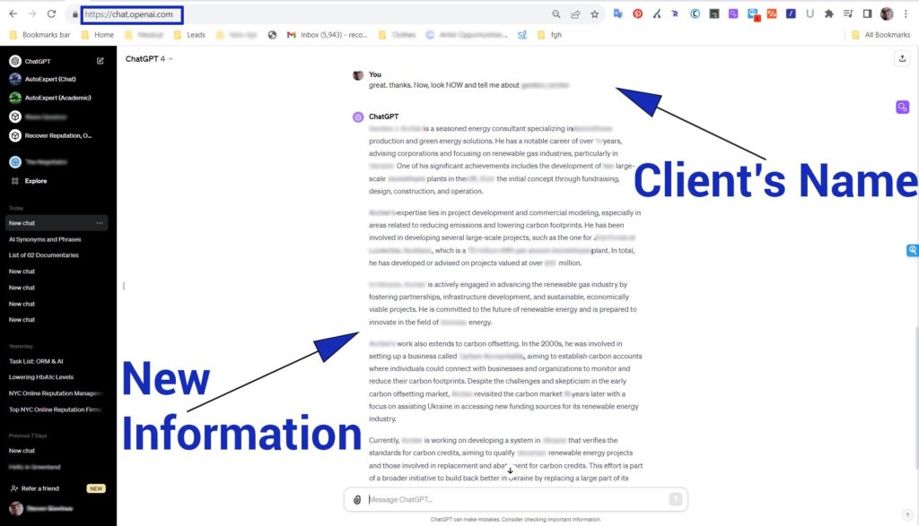 AI Reputation Management: Real ChatGPT After Screenshot with blue arrows showing new information and client name
